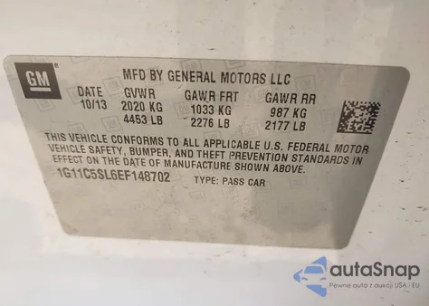 2014 Chevrolet Malibu 1Lt from USA, damaged, VIN 1G11C5SL6EF148702